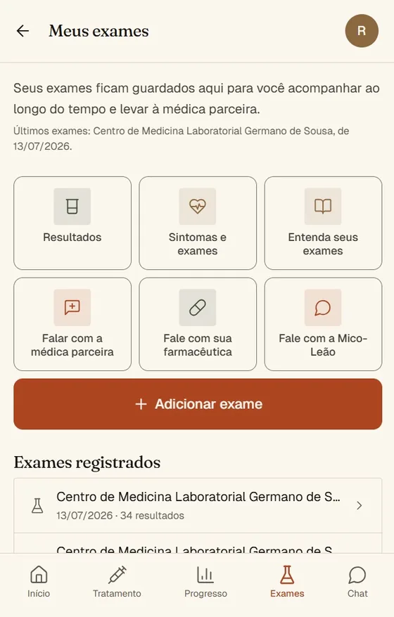 Tela de exames